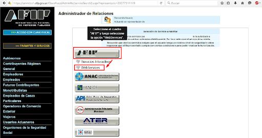 Captura de pantalla seleccionando AFIP y WebServices.
