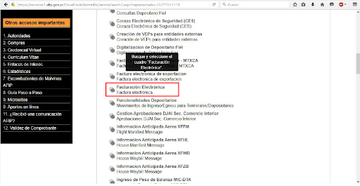 Captura de pantalla seleccionando 'Facturación Electrónica'.