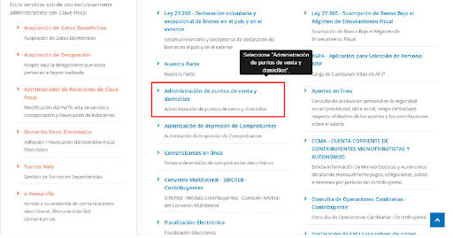 Captura de pantalla del menú de AFIP mostrando 'Administración de puntos de venta y domicilios'.
