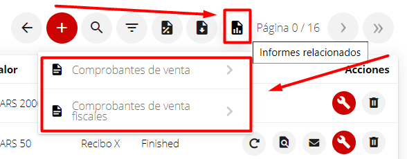 Icono Informes Relacionados y menú de selección de informes