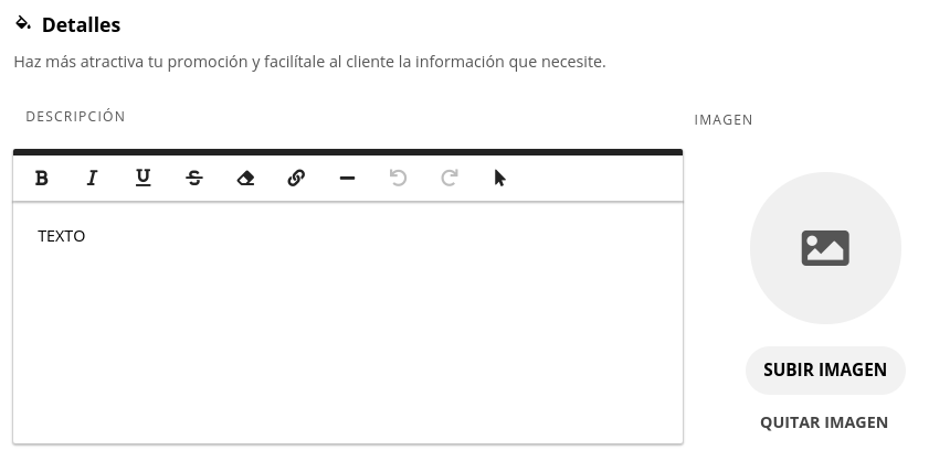 Sección de detalles de la promoción