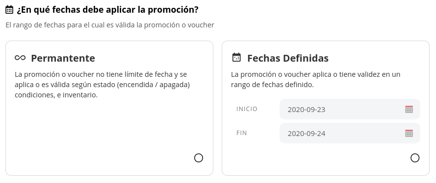 Configuración de fechas de aplicación de promoción