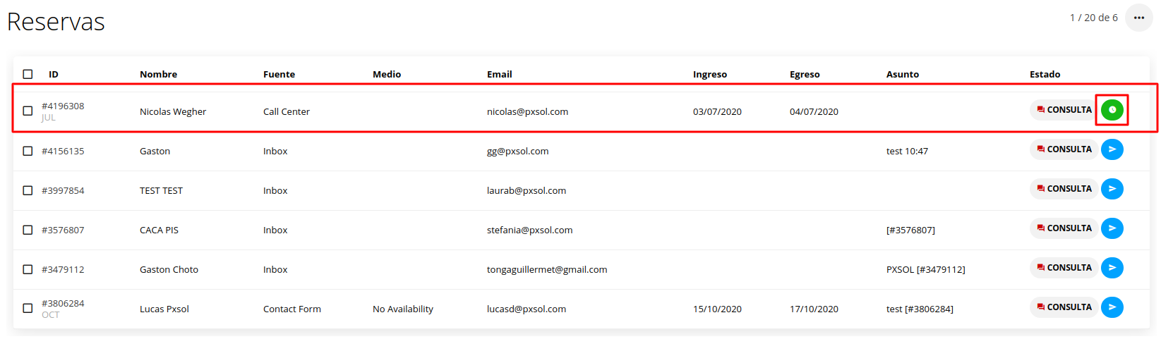 Lista de consultas dentro de la instancia, resaltando las pendientes de acción.