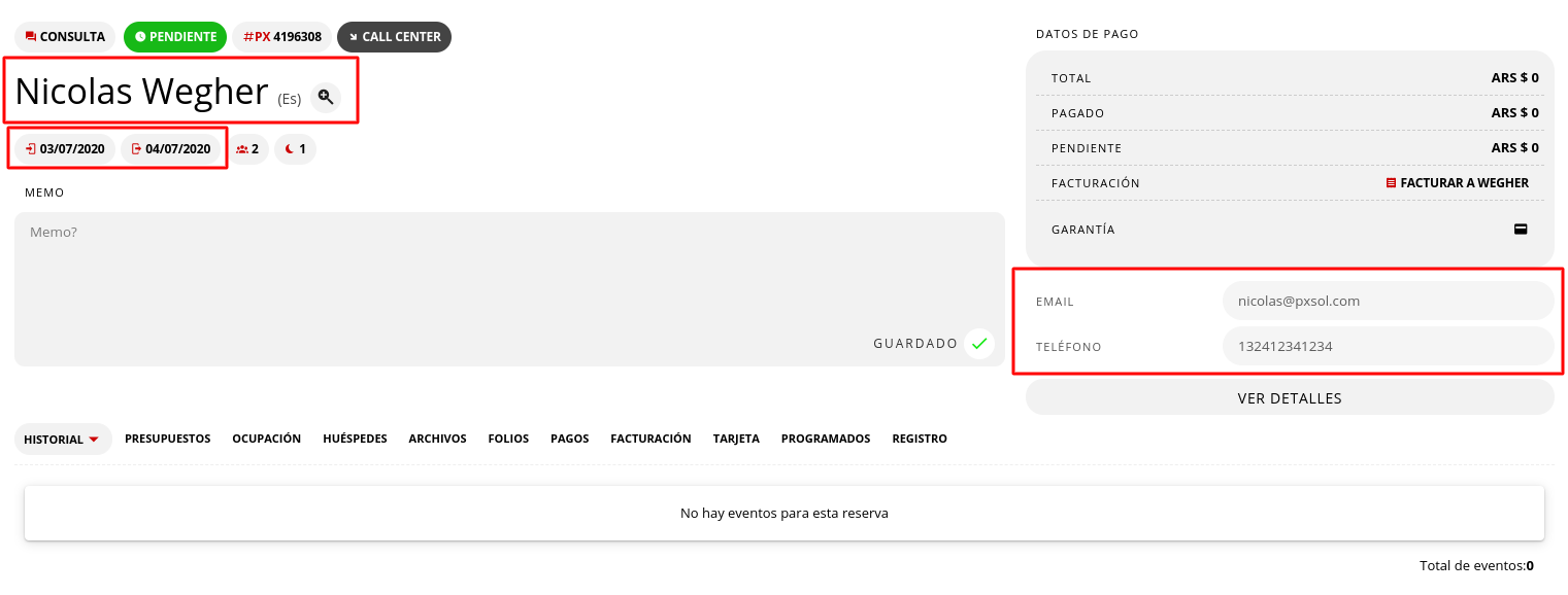 Detalle de una consulta individual mostrando la información del huésped.