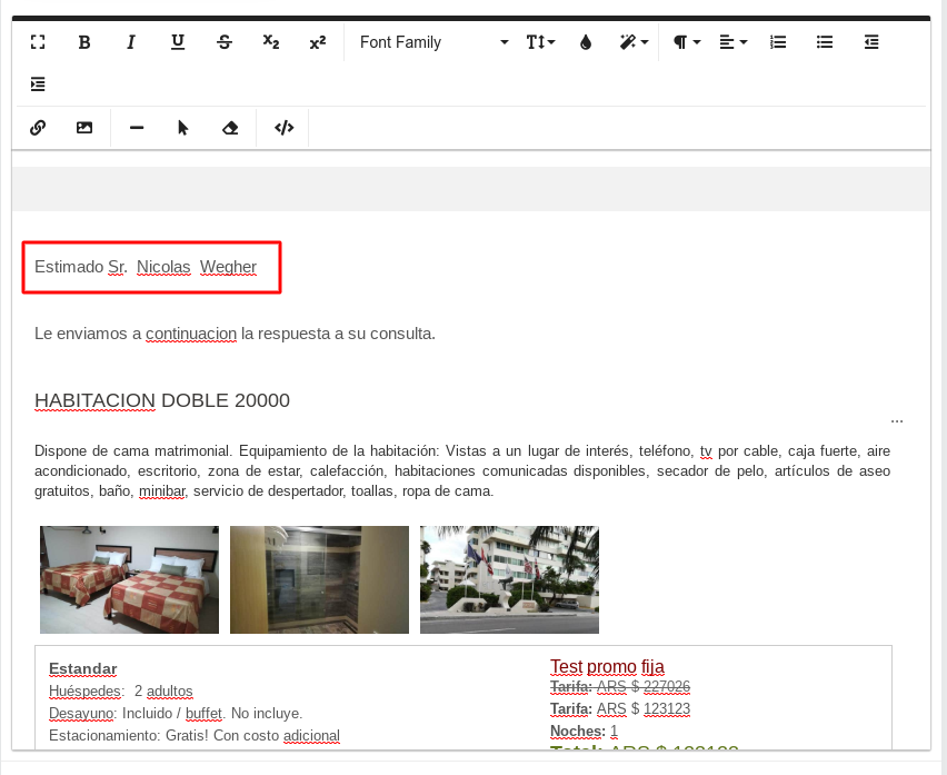 Correo prellenado con datos del huésped y habitaciones