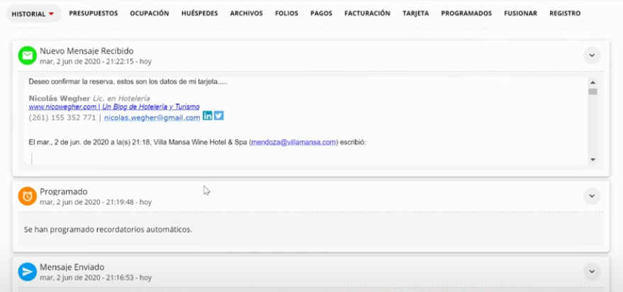 Pestaña Historial mostrando la comunicación con el cliente y las acciones realizadas.