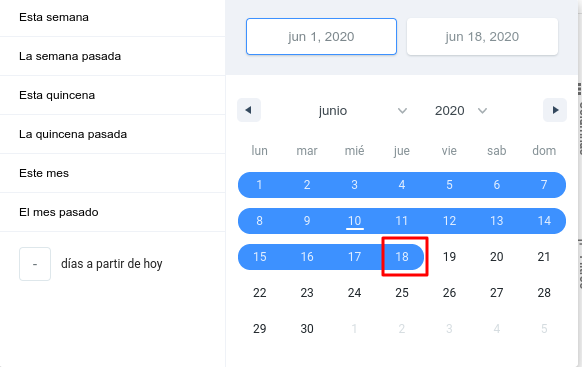 Calendario con rango de fechas seleccionado