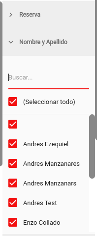 Listado de columnas para filtrar