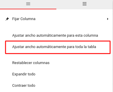 Menú de configuración de columnas