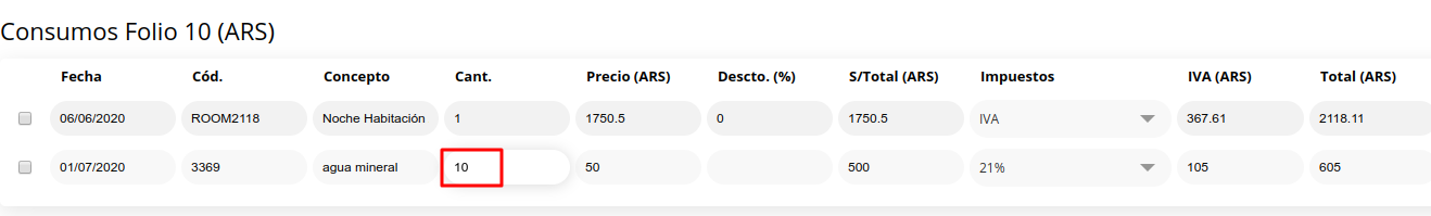 Cantidad del artículo