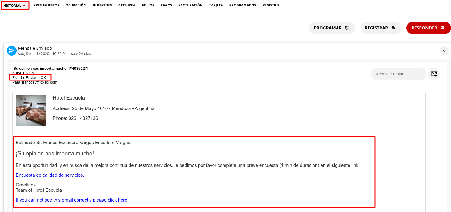 Historial de reserva con detalles del envío de encuesta