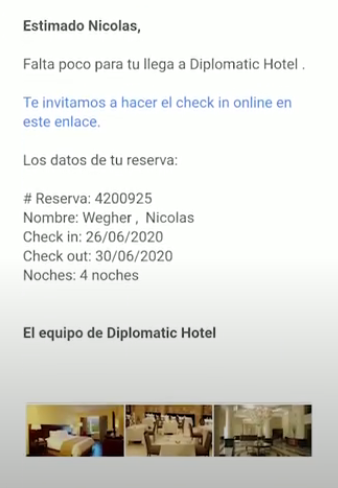 Ejemplo de correo electrónico para Web Check In