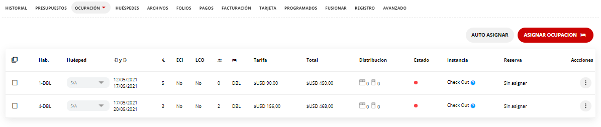 Reserva asignada a dos habitaciones