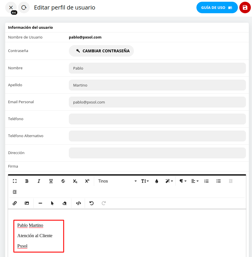 Campo para la firma en el perfil