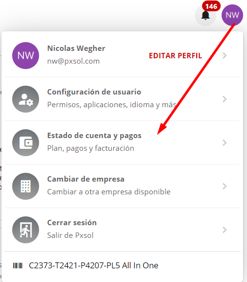 Captura de pantalla mostrando la ubicación del menú de estado de cuenta y pagos