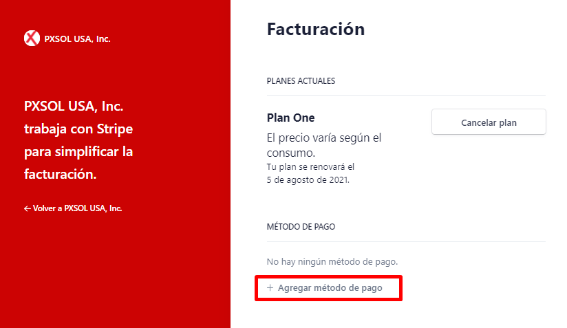 Captura de pantalla del botón 'Agregar método de pago'