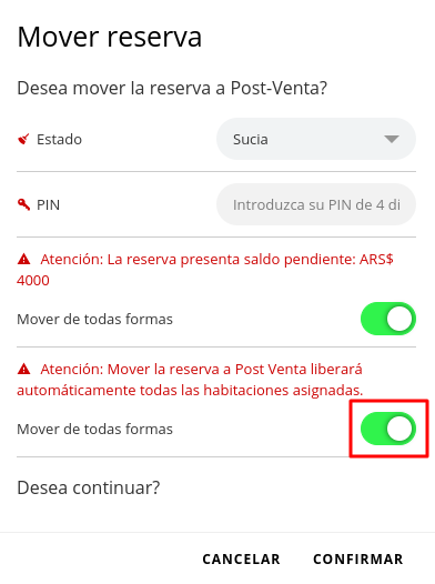 Opción para liberar habitaciones