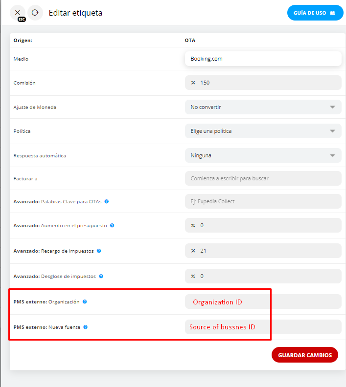 Campos de ID en edición de etiqueta
