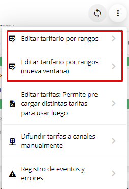 Opción de Editar Tarifario por Rangos