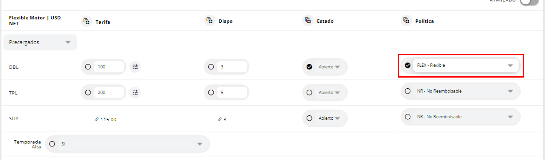 Asignación de políticas por tipo de habitación