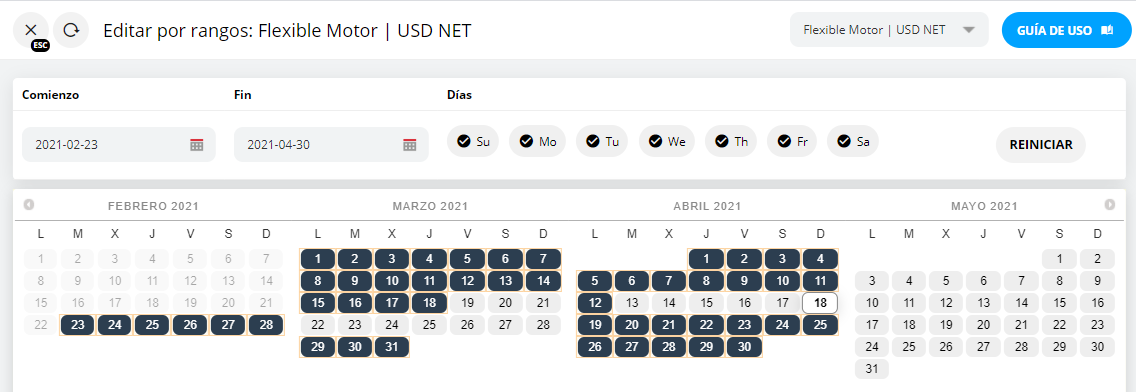 Captura de pantalla del calendario para seleccionar fechas.