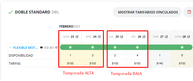 Captura de pantalla mostrando la Temporada Alta en el calendario.