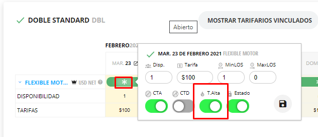Captura de pantalla mostrando la información de la restricción de Temporada Alta.