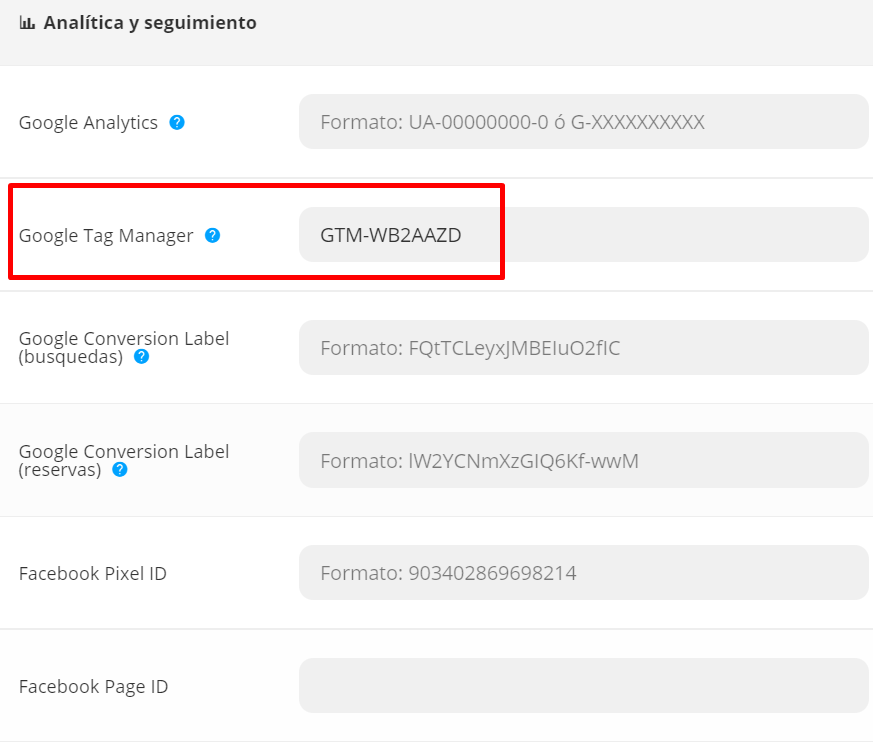 Campo Google Tag Manager en Pxsol