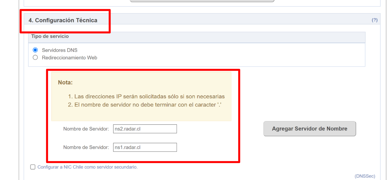 Sección Configuración Técnica con servidores de nombre