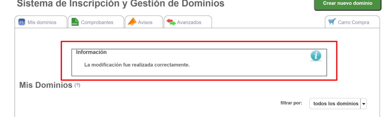 Mensaje de confirmación de actualización de dominio
