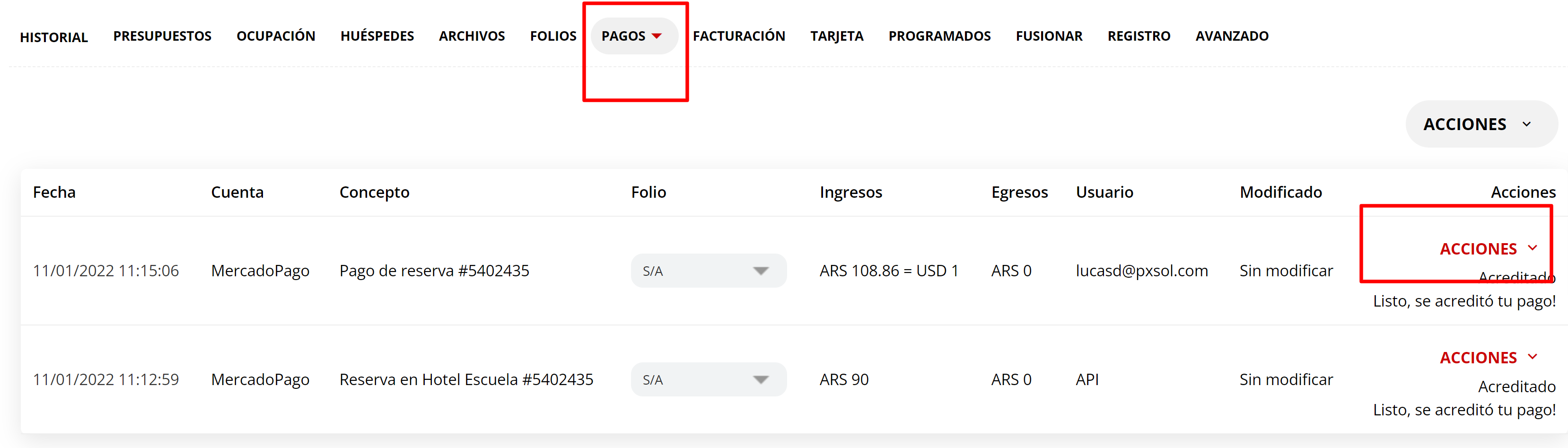 Menú de acciones en la sección de pagos