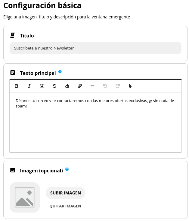 Configuración básica del Popup