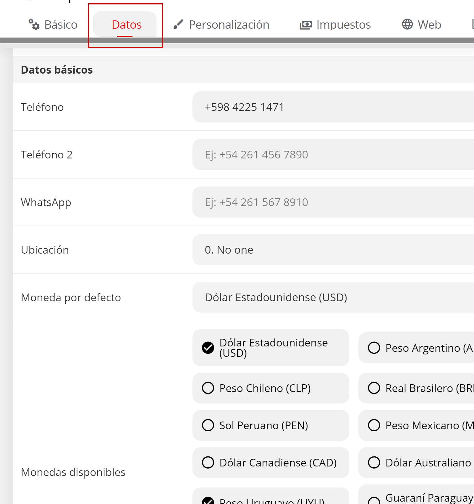 Sección de datos del hotel