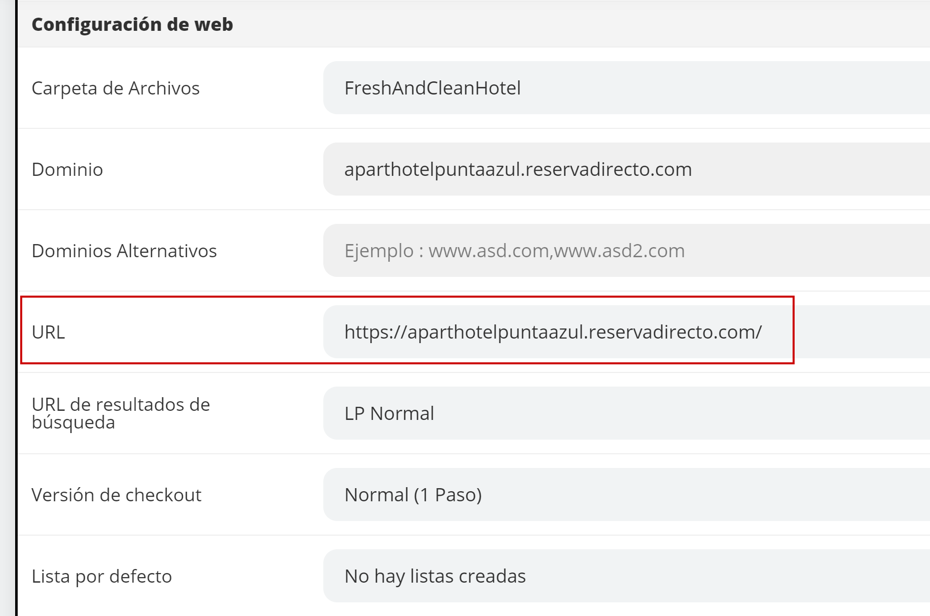 Sección Web con el enlace del motor de reservas