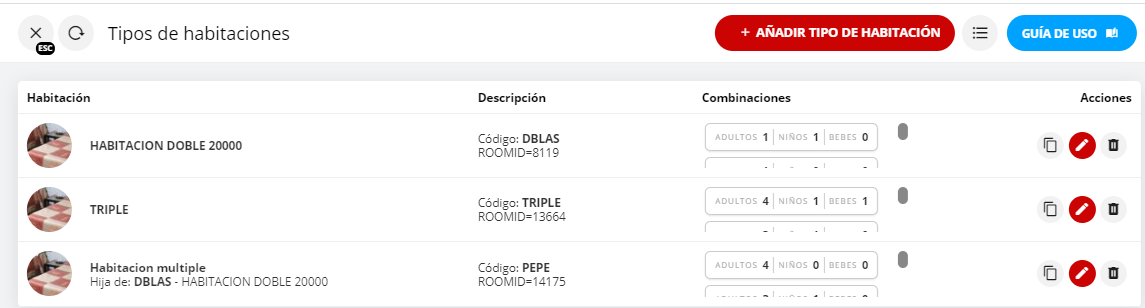 Listado de habitaciones existentes