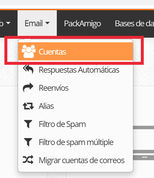 Menú de Cuentas de Correo en el panel de Ferozo