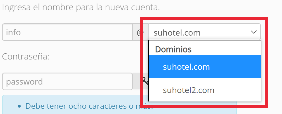 Selección de dominio para la nueva cuenta de correo