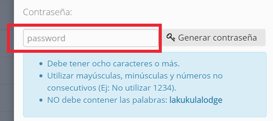 Campo para contraseña y botón Generar contraseña