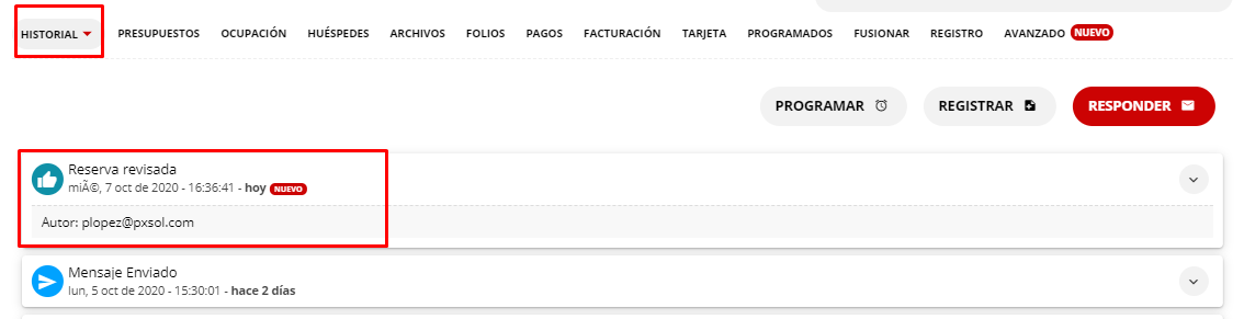Historial de acciones de la reserva