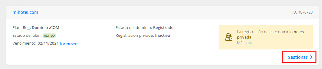 Captura de pantalla mostrando la opción 'Gestionar' para un dominio
