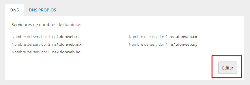 Captura de pantalla del panel DNS con el botón 'Editar'