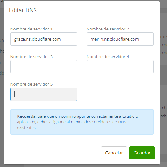 Captura de pantalla mostrando la edición de los Name Servers en DonWeb