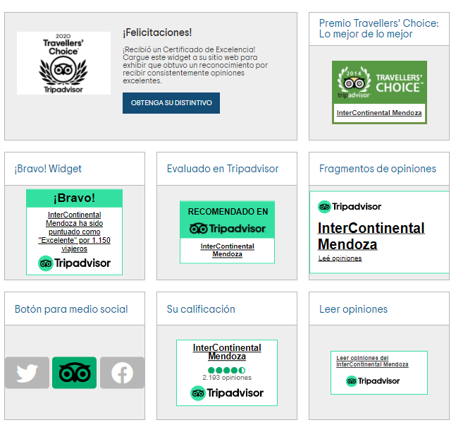 Visualización de widgets disponibles en TripAdvisor para un establecimiento.