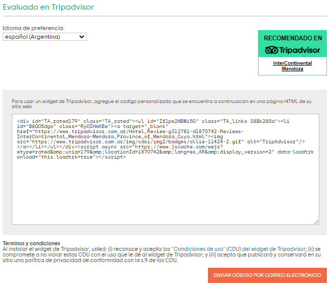 Muestra de parámetros y código HTML de un widget de TripAdvisor.