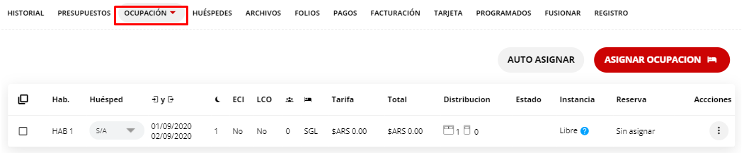 Pestaña de Ocupación