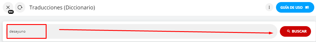 Ventana de la aplicación Traducciones mostrando el campo de búsqueda y resultados.