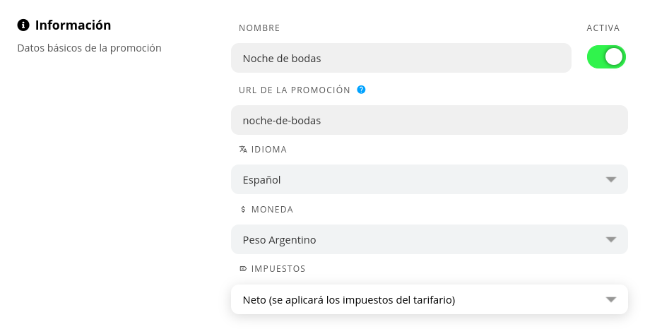 Campos de configuración general de promoción