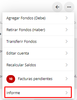 Captura de pantalla mostrando la opción para generar un informe desde las acciones de la cuenta.