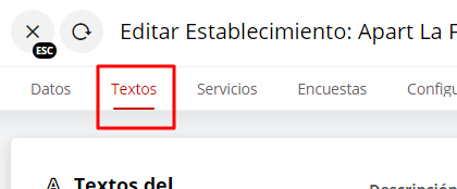 Screenshot of the product information window with 'Textos' tab highlighted