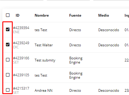 Selección de transacciones con Checkbox
